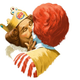 Illustration of Burger King and Ronald McDonald kissing beside the slogan "Love Conquers All"